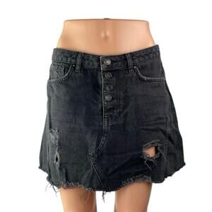Free People Women's Black Distressed Button Fly Mini A-Line Denim Jeans Skirt 29